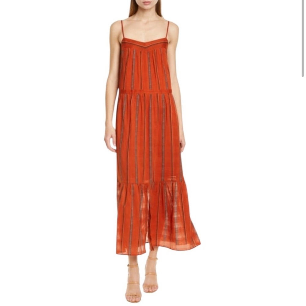 BA&SH Kyo Tiered Cotton Sleeveless Maxi Dress Caramel Brick Stripe Women's 6